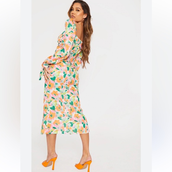 Pretty Little Thing Orange and Green Long Sleeve Floral Midi Dress Tik Tok - Picture 3 of 16